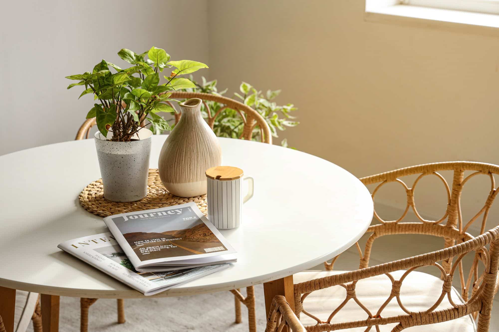 Round table with a plant, ceramic vase, striped mug, and magazines, surrounded by wicker chairs and soft natural light in San Tan Valley, AZ